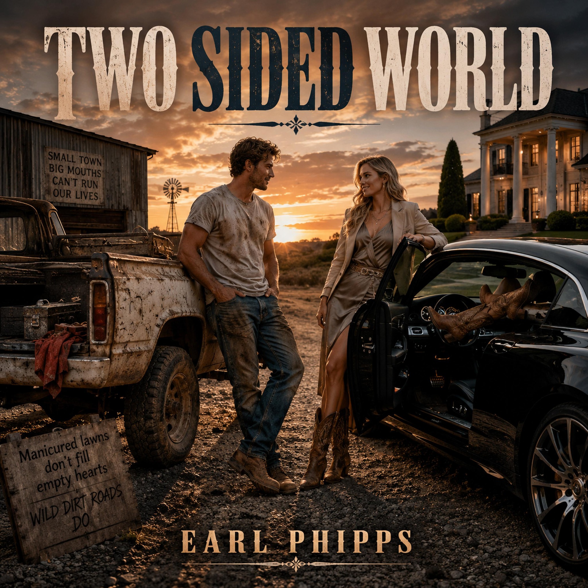 Two Sided World cover art with blue-collar boy and high-dollar girl at sunset